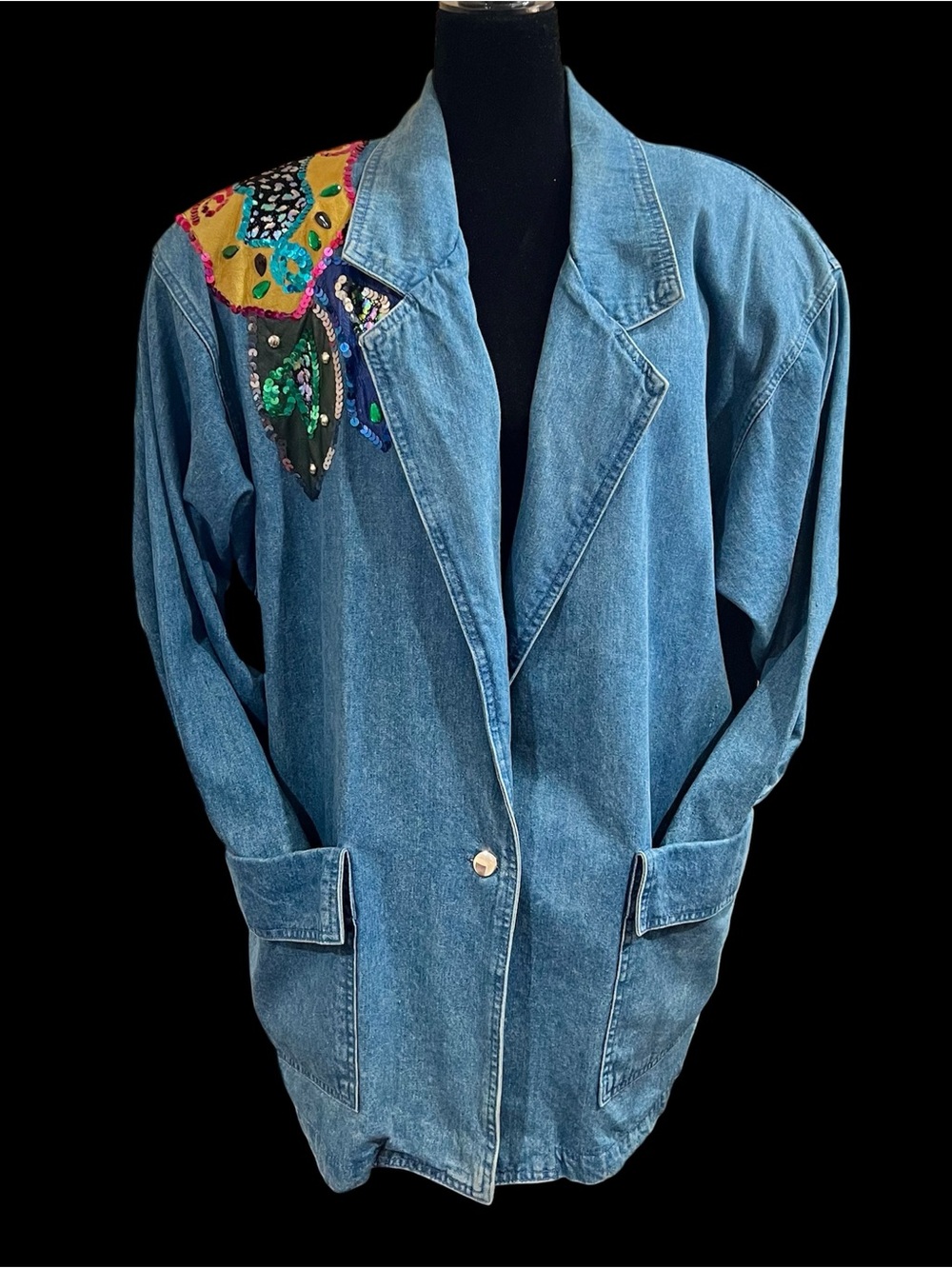 Suzelle - 80's Boyfriend Fit Denim Sequins Jacket/Blazer - Size 14